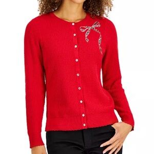 Charter Club Party Cardigan Red Sequin Bow Rhinestone Buttons Knit Size Small